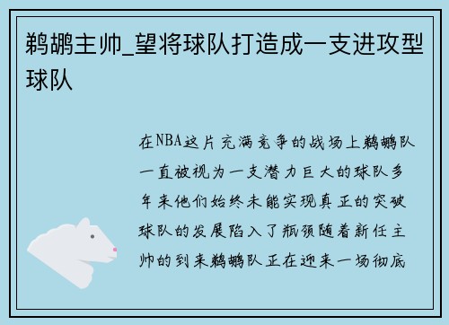 鹈鹕主帅_望将球队打造成一支进攻型球队