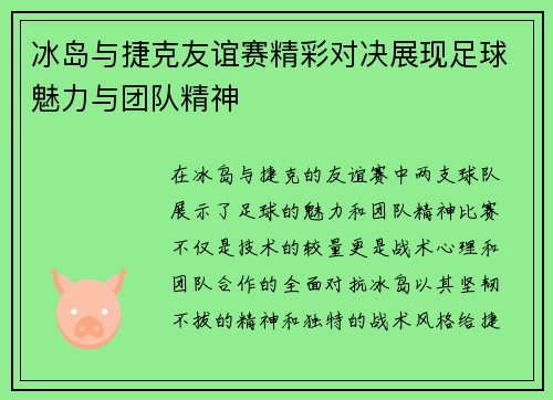 冰岛与捷克友谊赛精彩对决展现足球魅力与团队精神